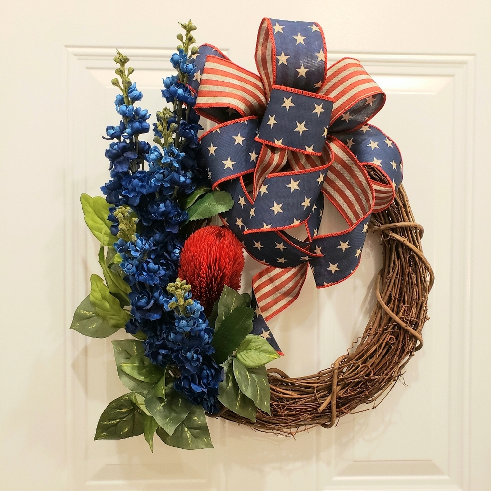 Patriotic Grapevine Wreath Blue Delphinium Red Banksia Pothos